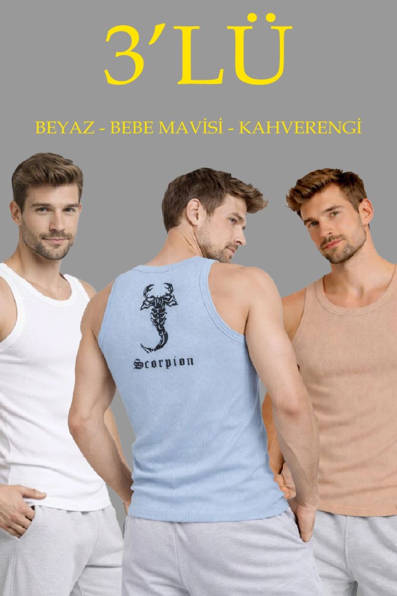 Erkek Spor Fitilli Kaşkorse Arka Basklı Atlet 3'lü Set Beyaz-Bebek Mavisi-Kahverengi