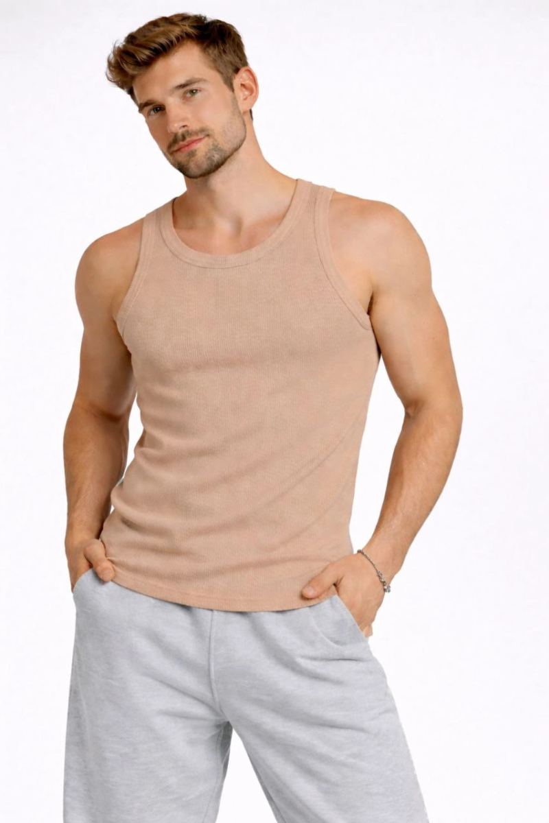 Erkek Spor Fitilli Kaşkorse Arka Basklı Atlet 3'lü Set Beyaz-Bebek Mavisi-Kahverengi