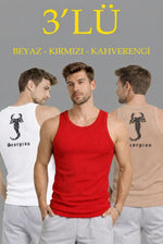 Erkek Spor Fitilli Kaşkorse Arka Basklı Atlet 3'lü Set Beyaz-Kırmızı-Kahverengi