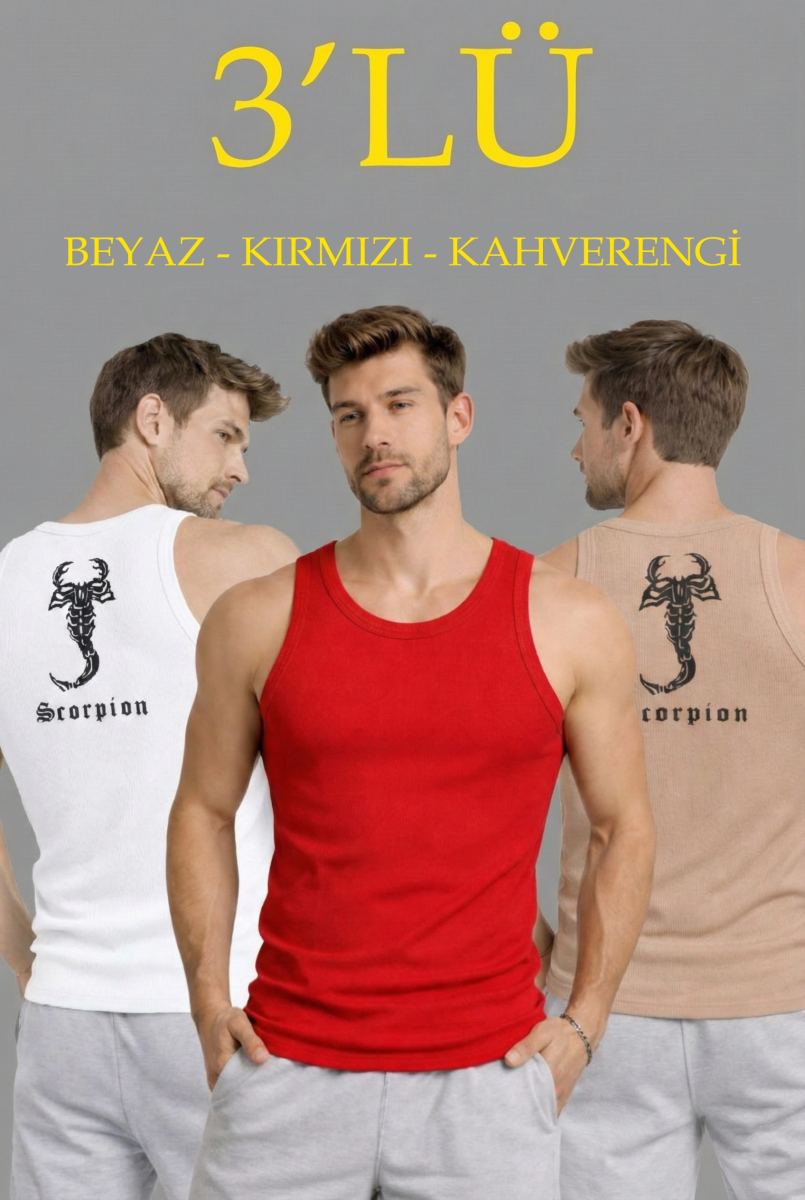 Erkek Spor Fitilli Kaşkorse Arka Basklı Atlet 3'lü Set Beyaz-Kırmızı-Kahverengi