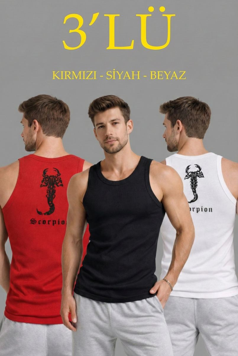 Erkek Spor Fitilli Kaşkorse Arka Basklı Atlet 3'lü Set Kırmızı-Siyah-Beyaz