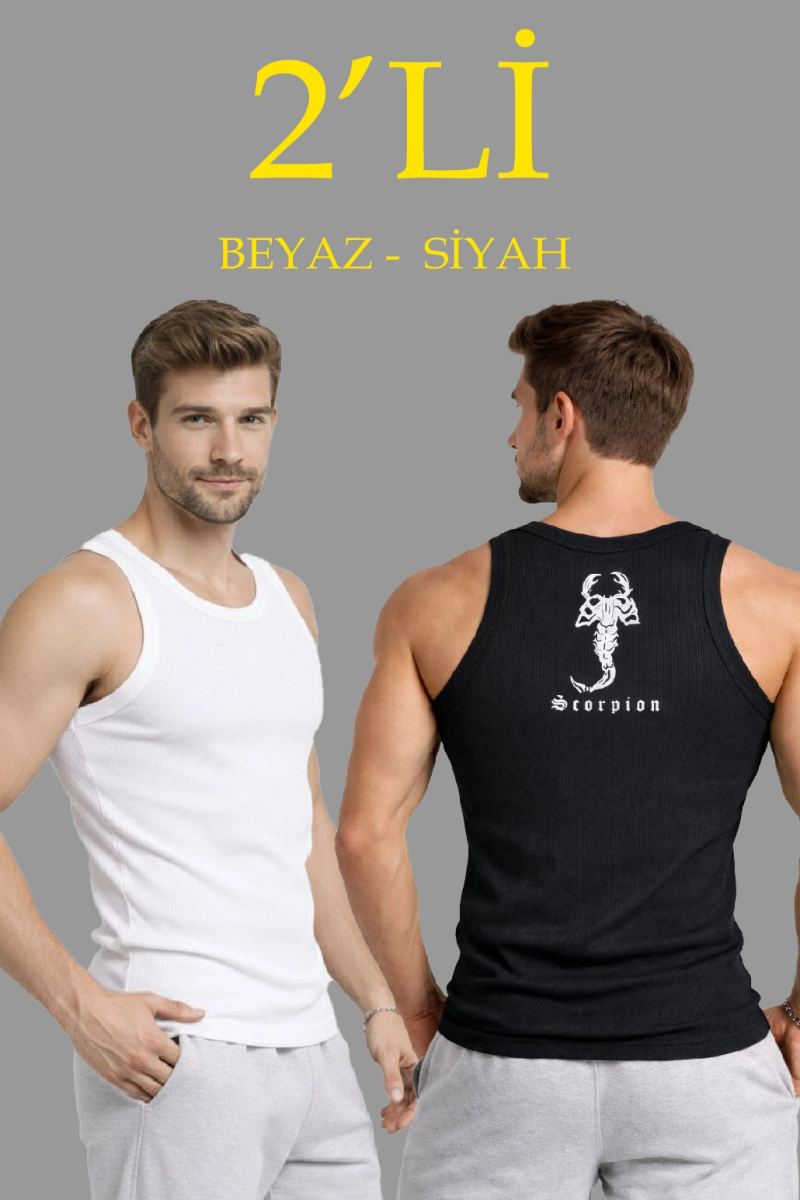 Erkek Spor Slimfit Fitilli Kaşkorse Arka Basklı Atlet 2'li Set Siyah-Beyaz
