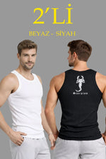 Erkek Spor Slimfit Fitilli Kaşkorse Arka Basklı Atlet 2'li Set Siyah-Beyaz