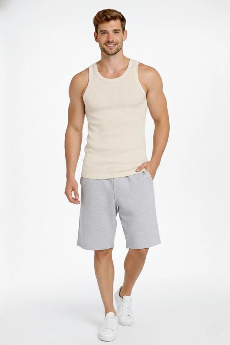 Erkek Spor Slimfit Fitilli Kaşkorse Arka Basklı Atlet 2'li Set Siyah-Bej