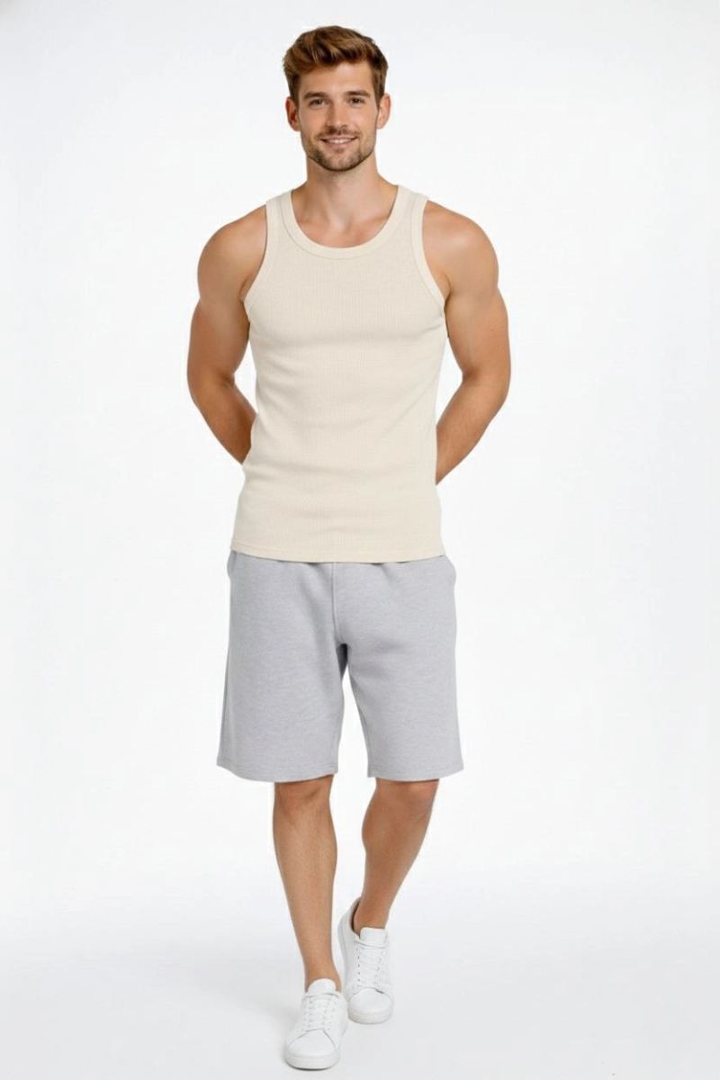 Erkek Spor Slimfit Fitilli Kaşkorse Arka Basklı Atlet 2'li Set Siyah-Bej