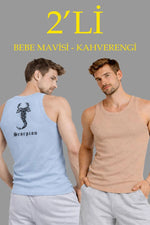 Erkek Spor Slimfit Fitilli Kaşkorse Arka Basklı Atlet 2'li Set Kahverengi-Bebek Mavisi
