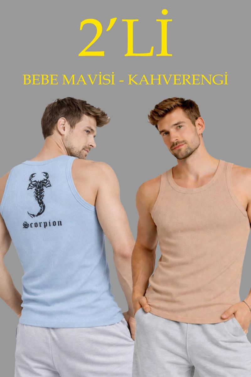 Erkek Spor Slimfit Fitilli Kaşkorse Arka Basklı Atlet 2'li Set Kahverengi-Bebek Mavisi