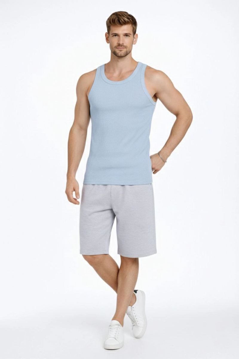 Erkek Spor Slimfit Fitilli Kaşkorse Arka Basklı Atlet 2'li Set Kahverengi-Bebek Mavisi