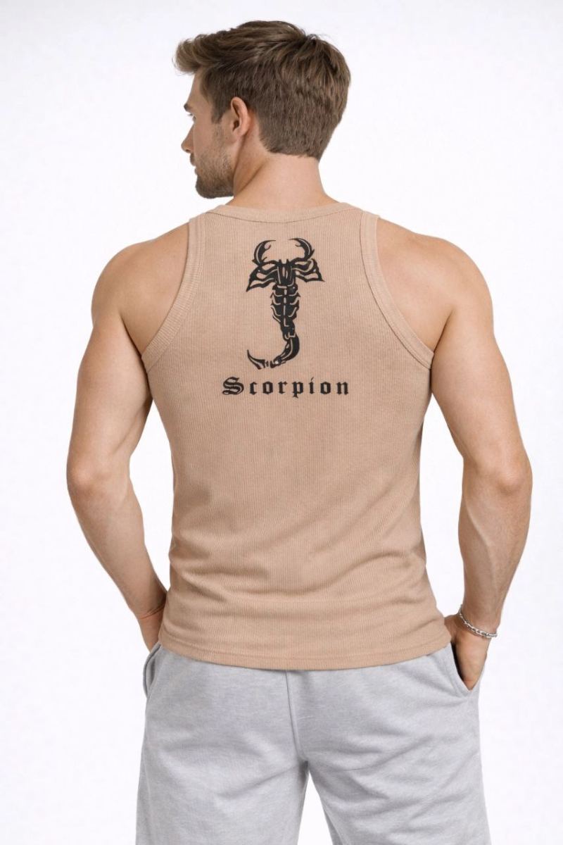 Erkek Spor Slimfit Fitilli Kaşkorse Arka Basklı Atlet 2'li Set Kahverengi-Beyaz