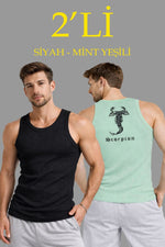 Erkek Spor Slimfit Fitilli Kaşkorse Arka Basklı Atlet 2'li Set Siyah-Mint Yeşili