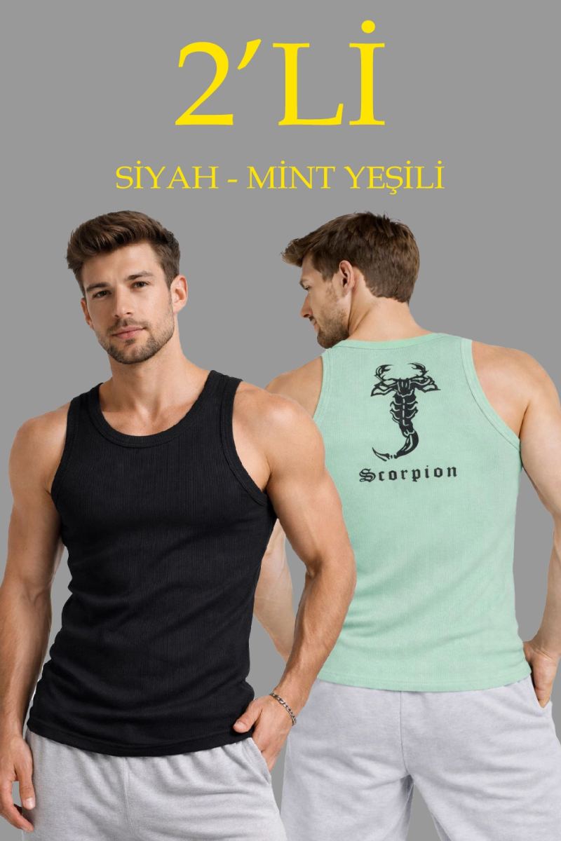 Erkek Spor Slimfit Fitilli Kaşkorse Arka Basklı Atlet 2'li Set Siyah-Mint Yeşili