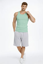 Erkek Spor Slimfit Fitilli Kaşkorse Arka Basklı Atlet 2'li Set Siyah-Mint Yeşili