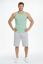 Erkek Spor Slimfit Fitilli Kaşkorse Arka Basklı Atlet 2'li Set Siyah-Mint Yeşili