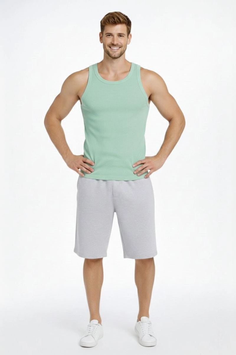 Erkek Spor Slimfit Fitilli Kaşkorse Arka Basklı Atlet 2'li Set Siyah-Mint Yeşili