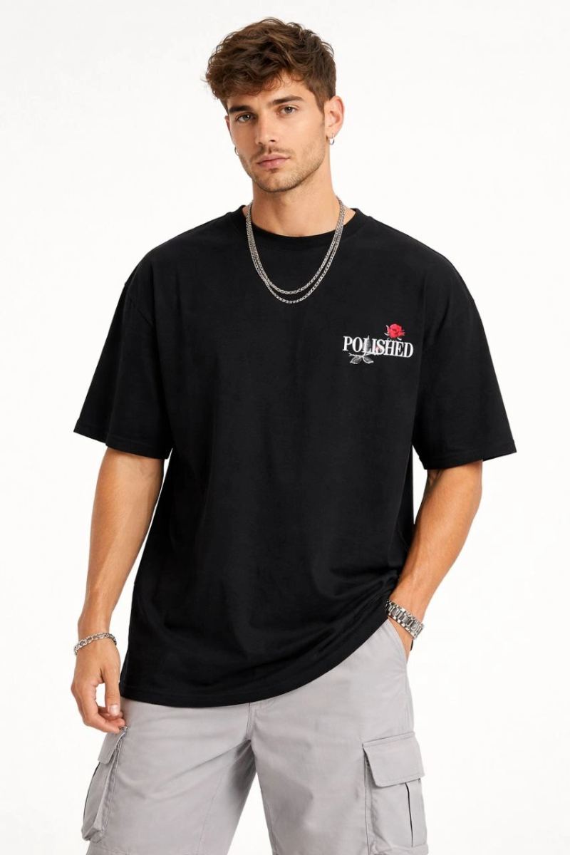 Erkek Kısa Kol Yazlık Tişört Bisiklet Yaka Baskılı Oversize T-Shirt - Siyah