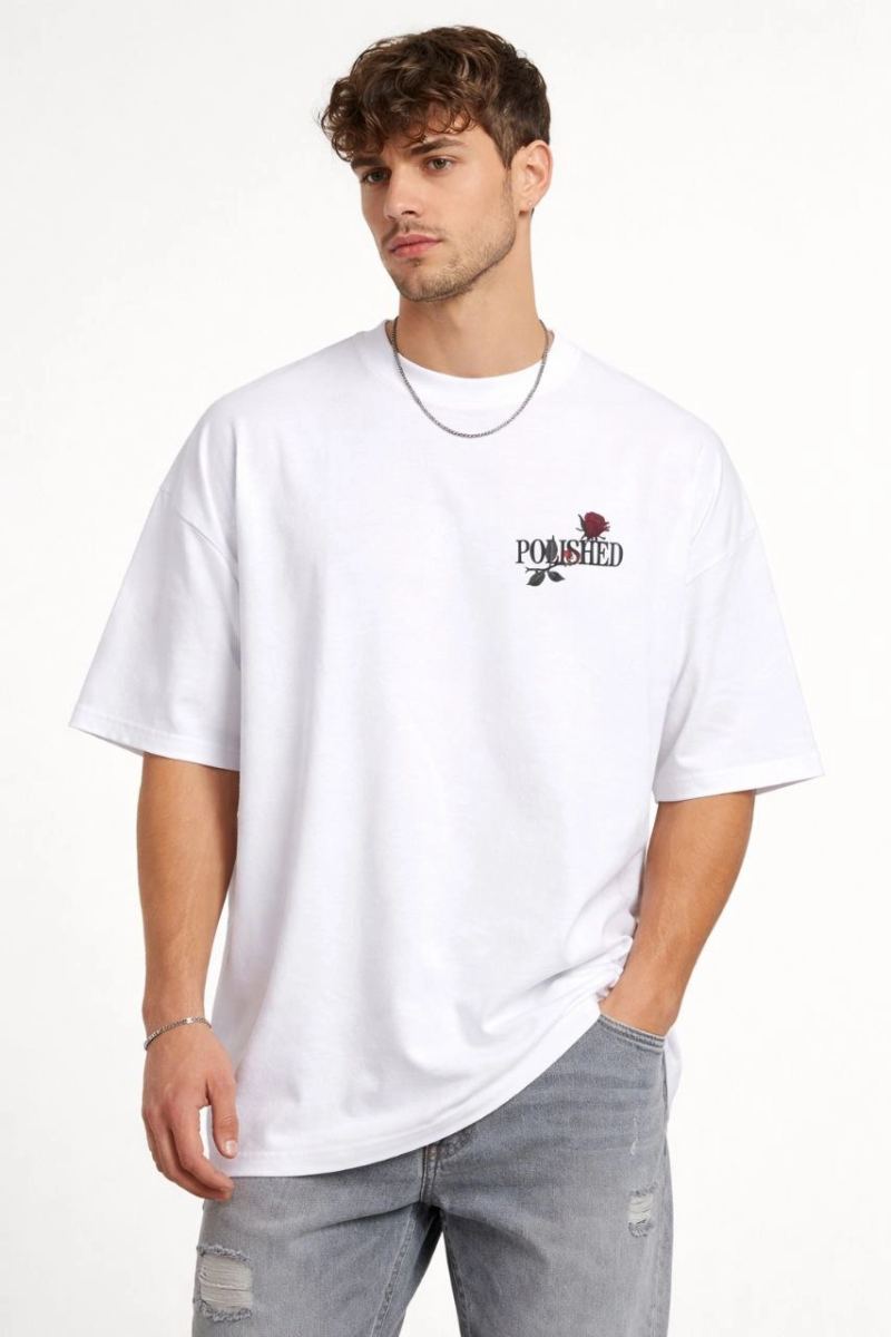 Erkek Kısa Kol Yazlık Tişört Bisiklet Yaka Baskılı Oversize T-Shirt - Beyaz