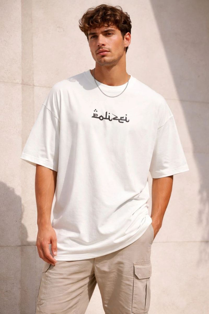 Erkek Kısa Kol Yazlık Tişört Bisiklet Yaka Baskılı Oversize T-Shirt - Beyaz