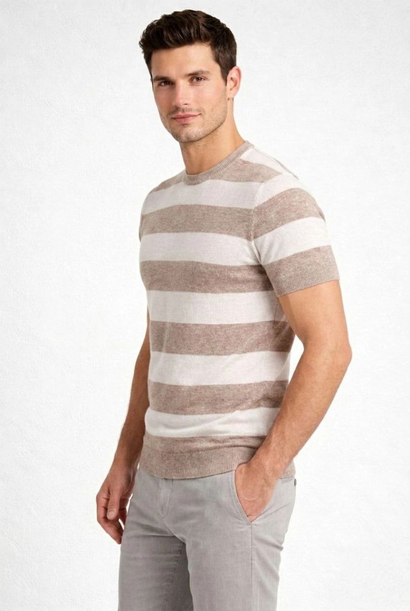 Erkek T-shirt Çizgili Triko  Kısa Kol Yazlık Dokuma Bisiklet Yaka Tişört - Bej