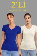 Kadın V Yaka Tişört Kısa Kol Slim Fit T-shirt 2'li Set Saks Mavisi-Ekru