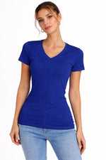 Kadın V Yaka Tişört Kısa Kol Slim Fit T-shirt 2'li Set Saks Mavisi-Ekru
