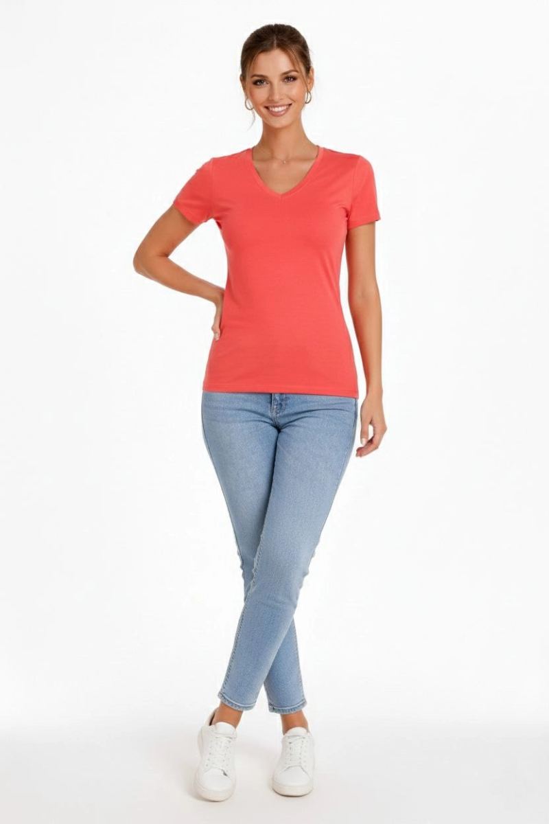 Kadın V Yaka Tişört Kısa Kol Slim Fit T-shirt 2'li Set Nar Çiçeği-Açık Mavi