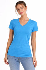 Kadın V Yaka Tişört Kısa Kol Slim Fit T-shirt 2'li Set Nar Çiçeği-Açık Mavi