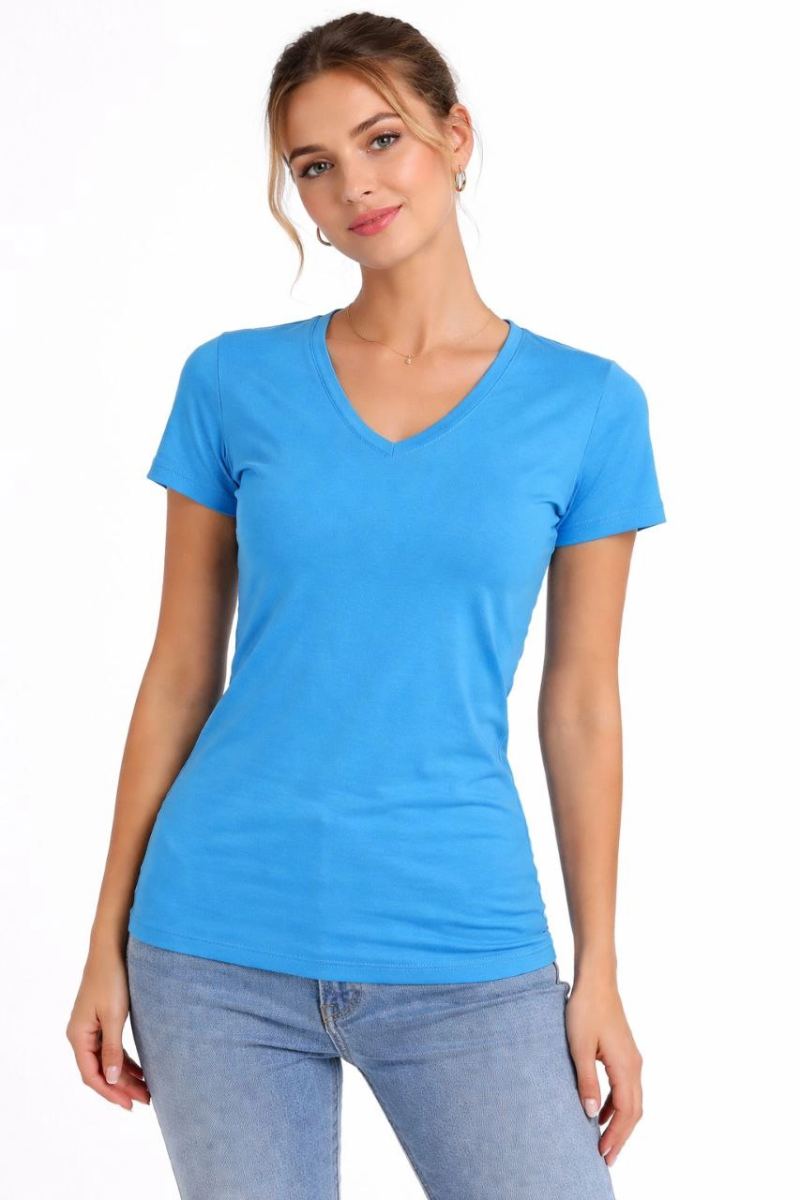 Kadın V Yaka Tişört Kısa Kol Slim Fit T-shirt 2'li Set Nar Çiçeği-Açık Mavi