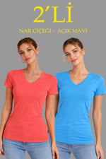 Kadın V Yaka Tişört Kısa Kol Slim Fit T-shirt 2'li Set Nar Çiçeği-Açık Mavi