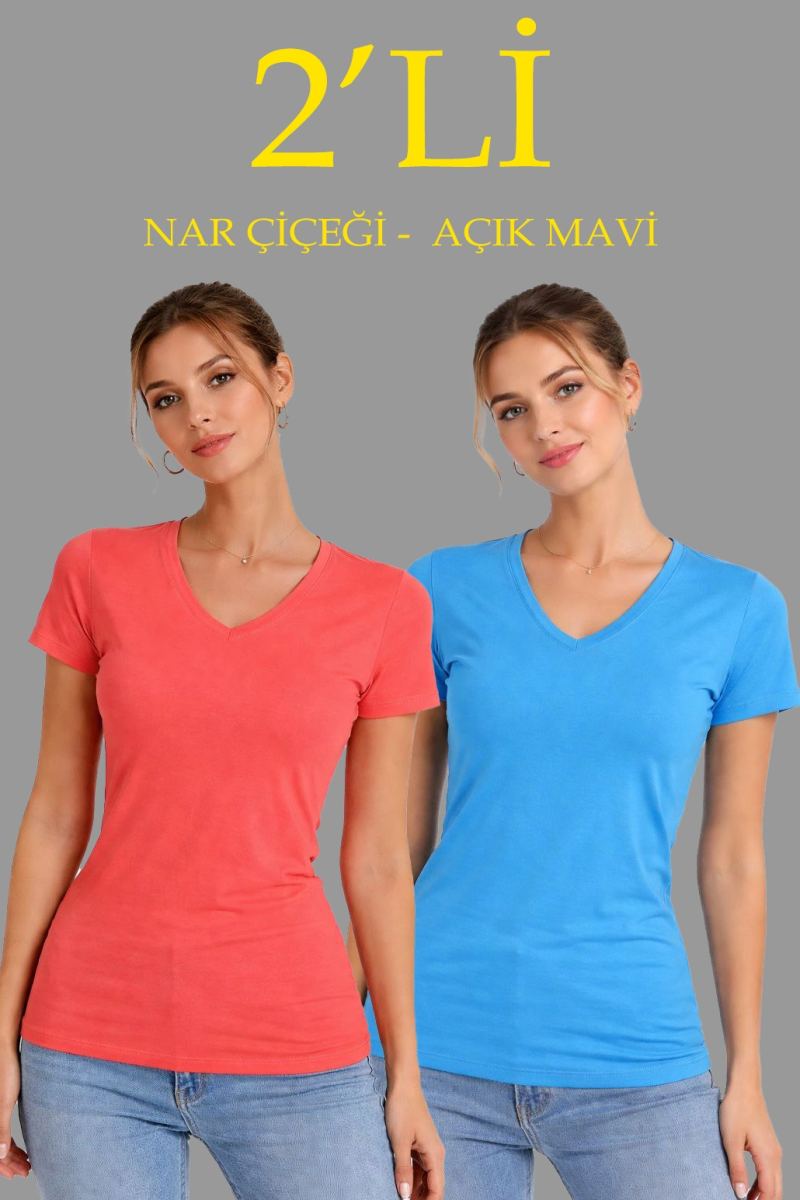 Kadın V Yaka Tişört Kısa Kol Slim Fit T-shirt 2'li Set Nar Çiçeği-Açık Mavi