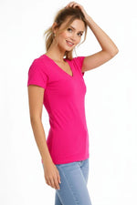 Kadın V Yaka Tişört Kısa Kol Slim Fit T-shirt 3'lü Set Pembe-Açık Mavi-Ekru