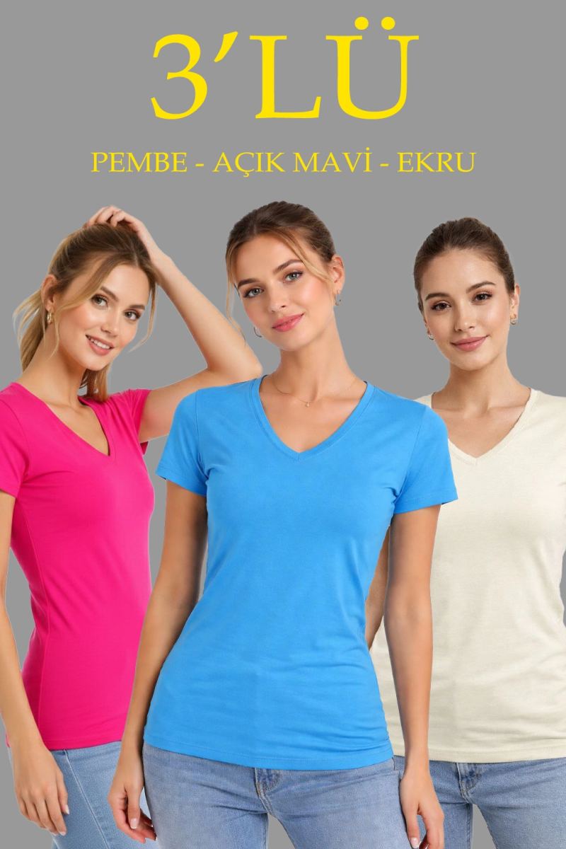 Kadın V Yaka Tişört Kısa Kol Slim Fit T-shirt 3'lü Set Pembe-Açık Mavi-Ekru
