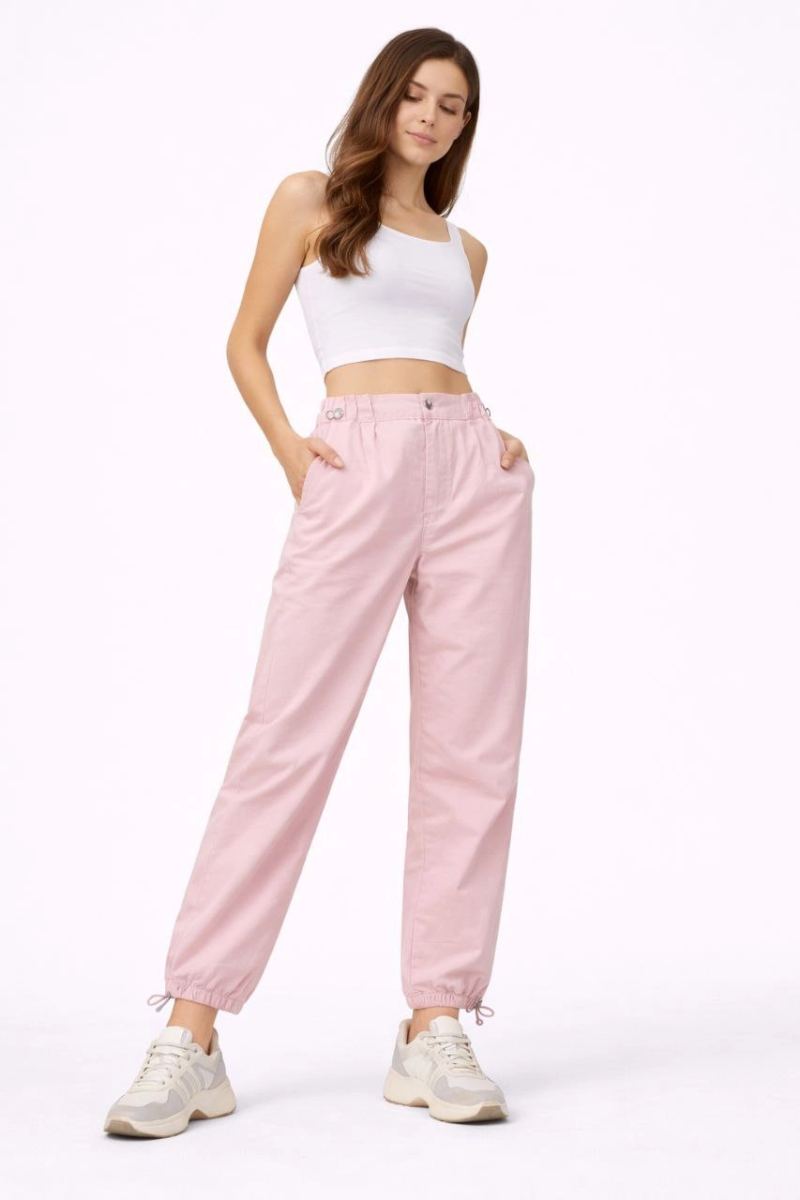 Kadın Paraşüt Kumaş Bel ve Paça Ayarlanabilir Lastikli Spor Pantolon - Toz Pembe
