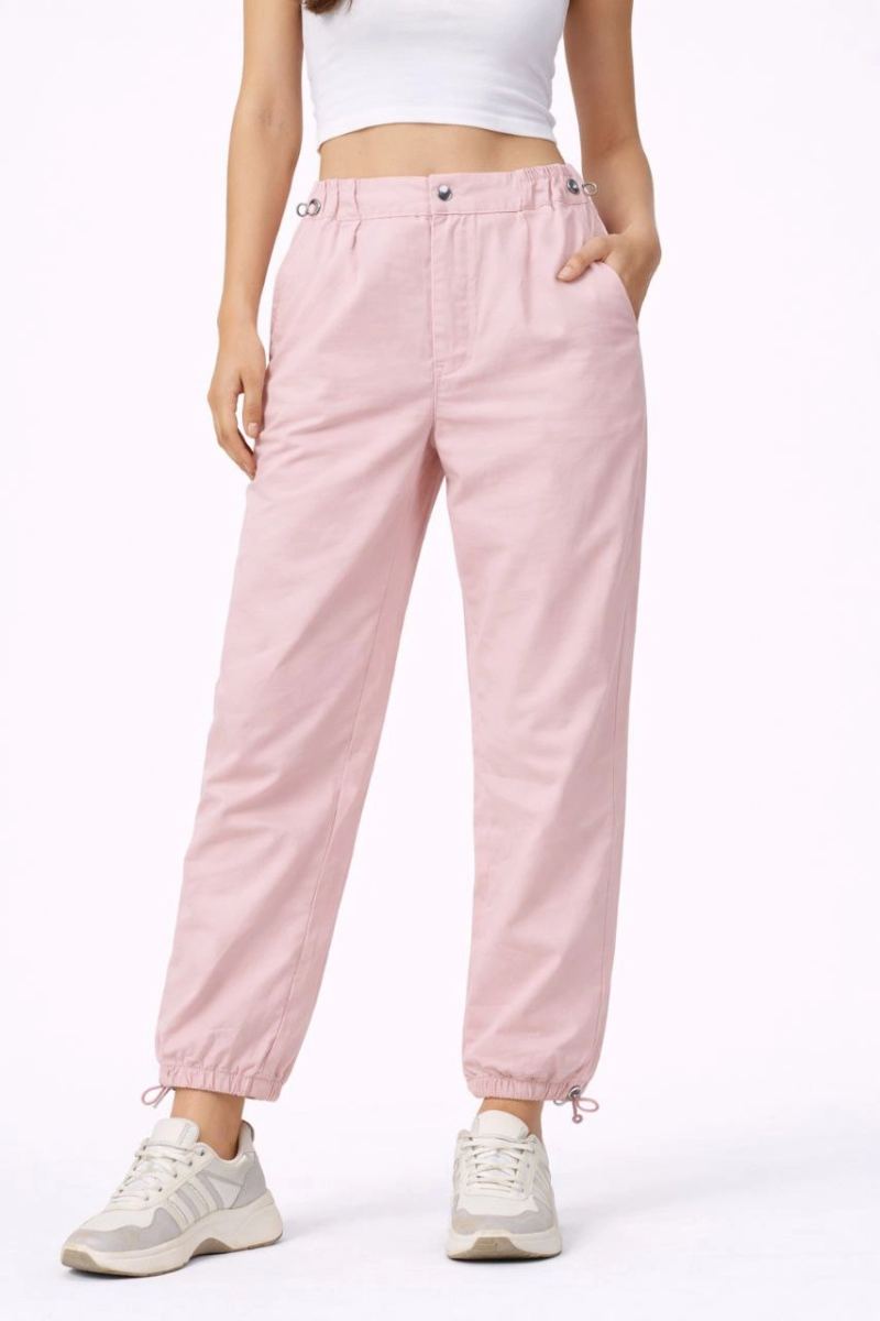 Kadın Paraşüt Kumaş Bel ve Paça Ayarlanabilir Lastikli Spor Pantolon - Toz Pembe