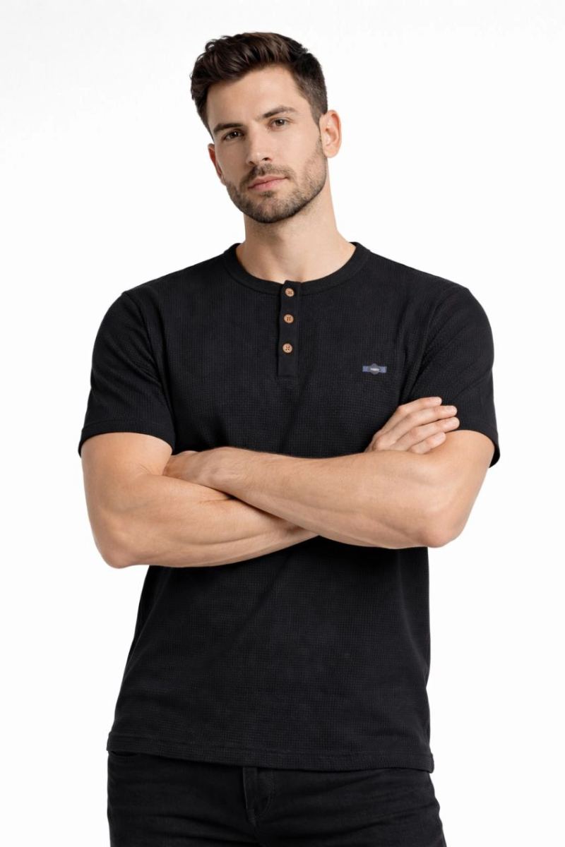 Erkek Waffle Dokulu Likralı Henley Yaka Düğmeli Regular Kısa Kol T-Shirt - Siyah