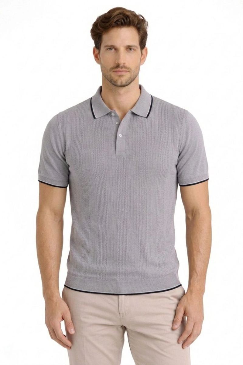 Erkek Polo Yakal Düğmeli Triko Tişört Yazlık Dokuma Regular Fit T-Shirt - Gri