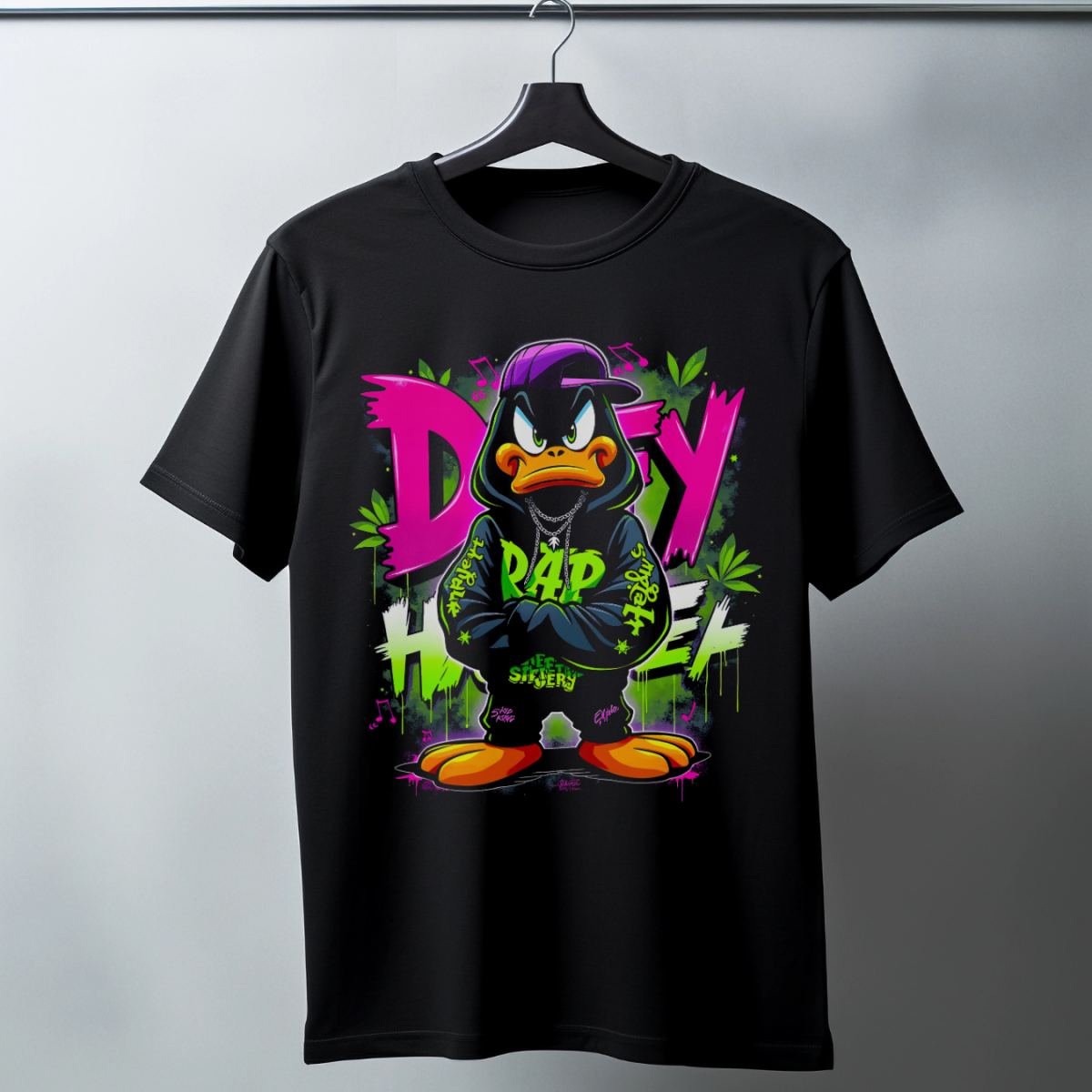 Daffy Duck Graffiti Baskılı Unisex Siyah Tişört - 24/1 Penye Pamuklu