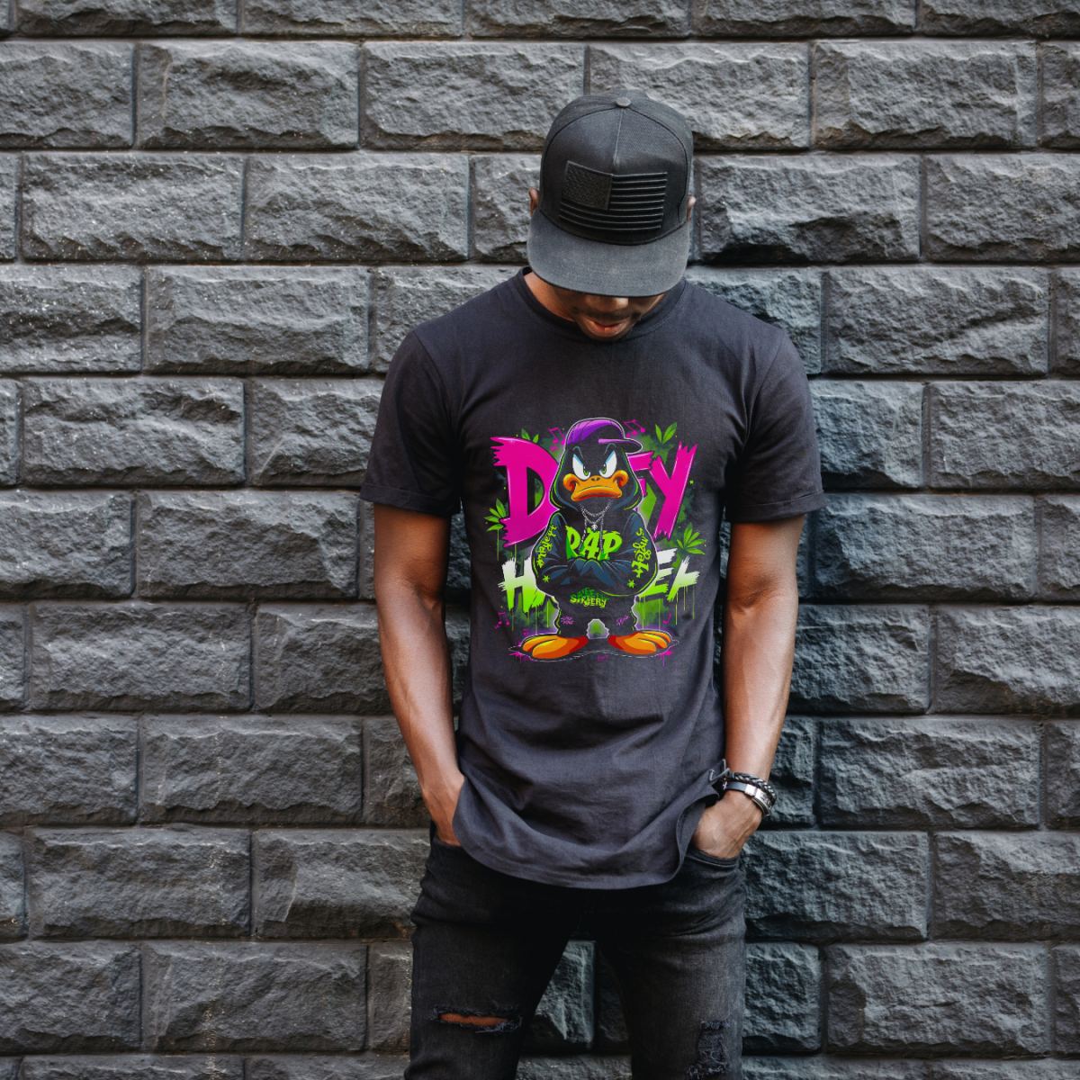 Daffy Duck Graffiti Baskılı Unisex Siyah Tişört - 24/1 Penye Pamuklu