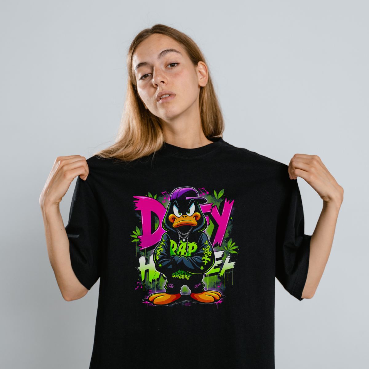 Daffy Duck Graffiti Baskılı Unisex Siyah Tişört - 24/1 Penye Pamuklu