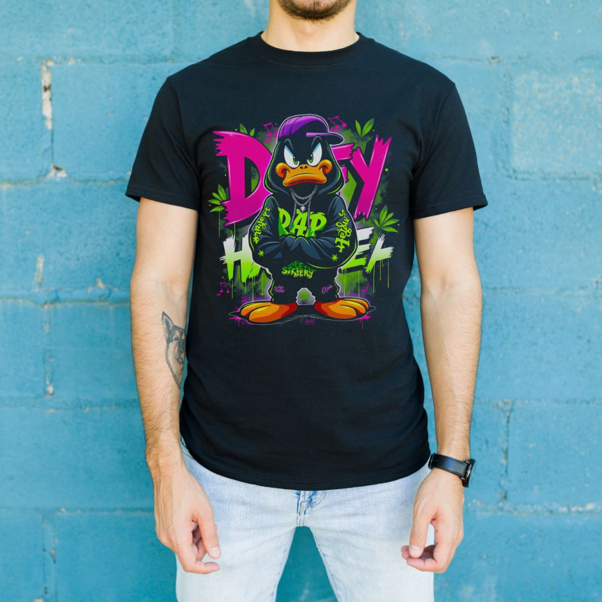 Daffy Duck Graffiti Baskılı Unisex Siyah Tişört - 24/1 Penye Pamuklu